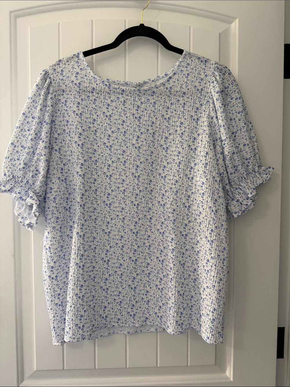 Women's White Top with Light Blue Floral Print and Puff Sleeves